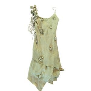 Vintage Y2K Cache Warm Green Beaded Rosette Fringe Asymmetric Slip Dress Fairy